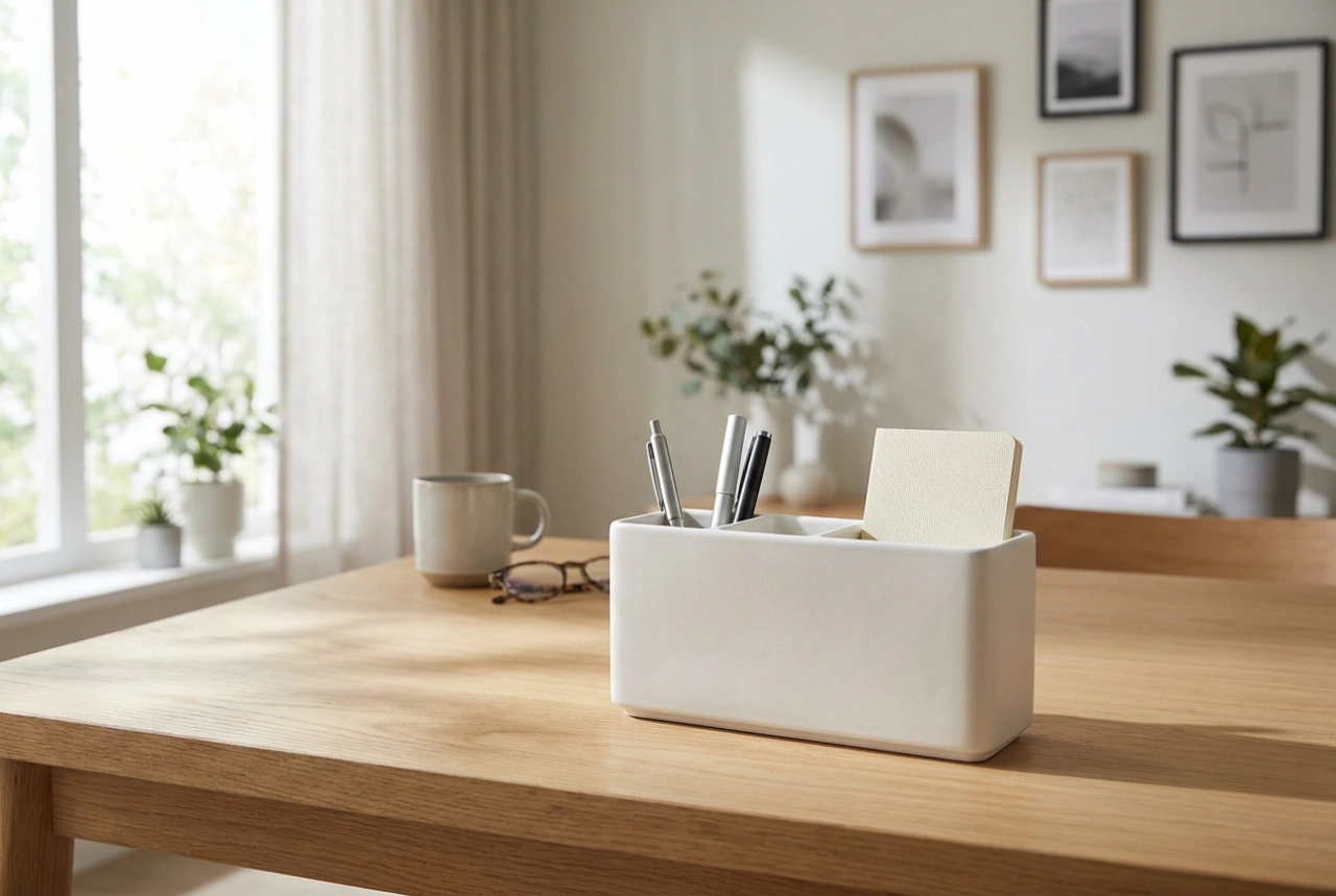 Bílý organizér na psací stůl a způsob, jak vytvořit vizuálně lehký prostor