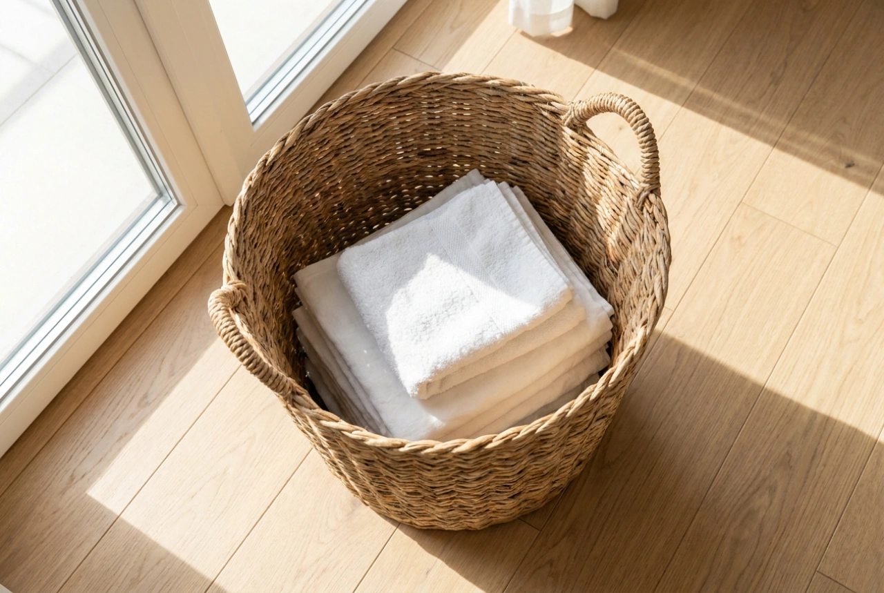 Proutěný koš na prádlo a vzdušné skladování textilií