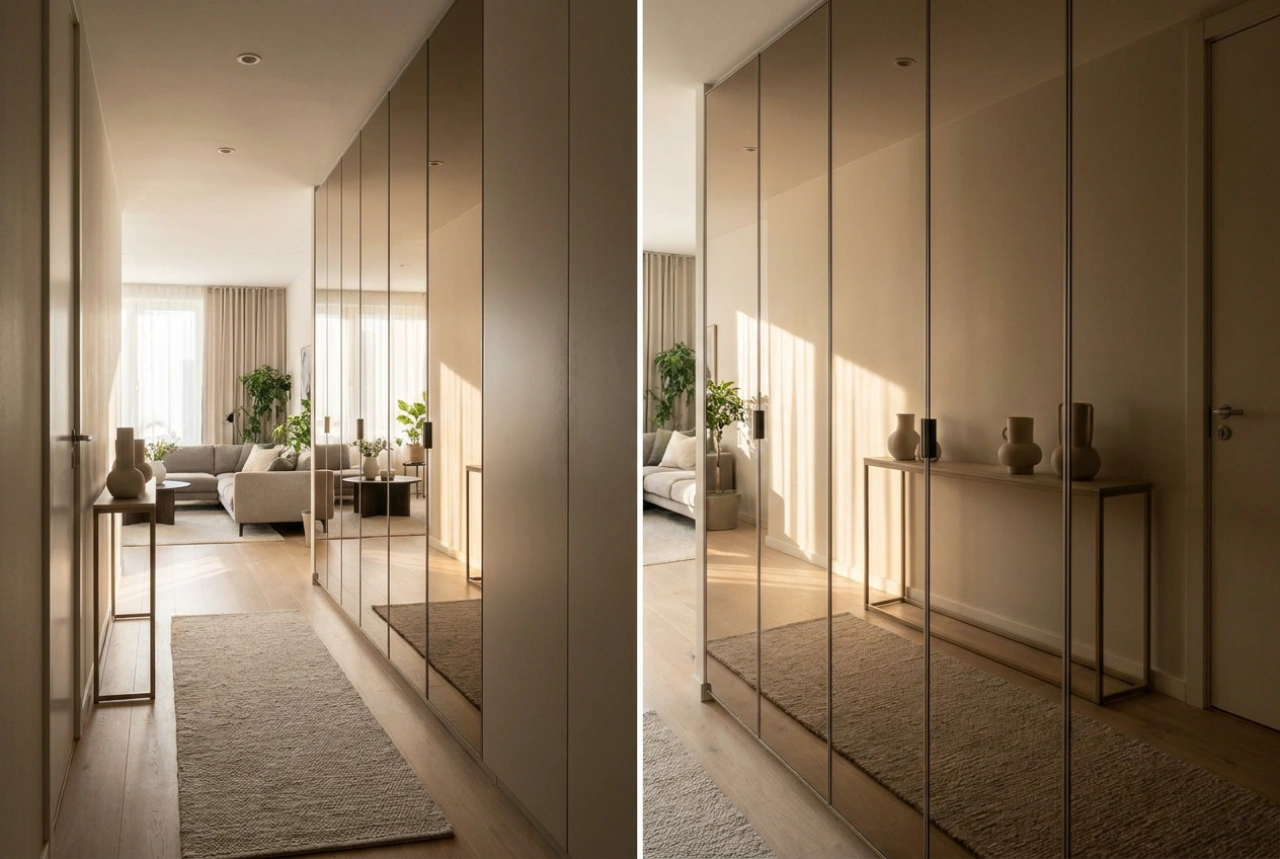 Jak vybrat šatní skříň s posuvnými dveřmi a zrcadlem do malé a úzké místnosti